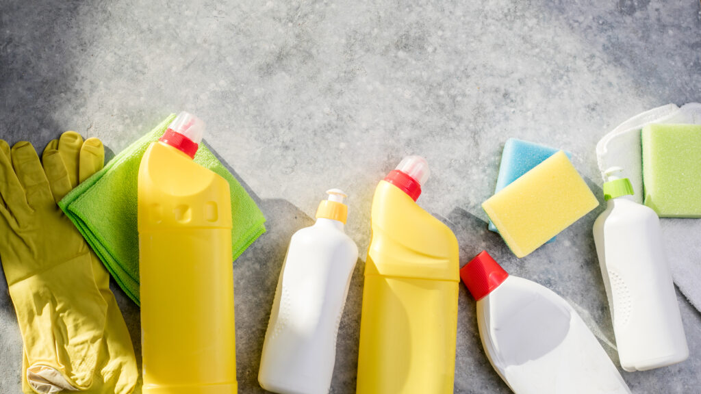 Cleaning products. Plastic chemical detergent bottles and equipment